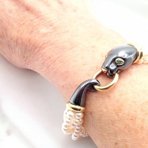 Panthere de Cartier Panther 18k Yellow Gold & Silverium Pearl Emerald Bracelet - Picture 2 of 14